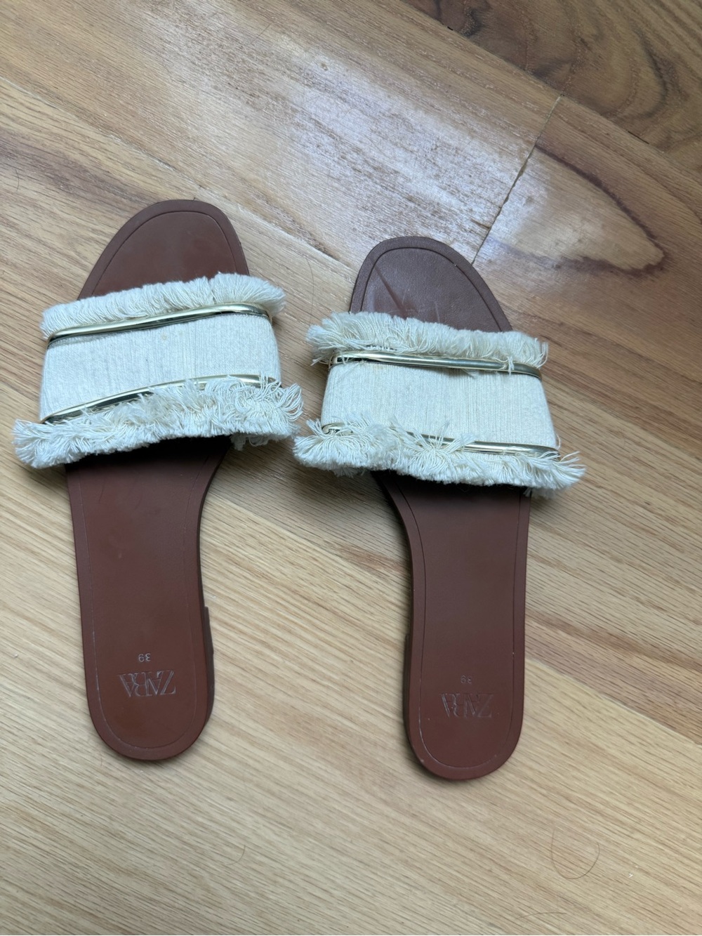 Zara Fringe Strap Slide Sandals in Cream and Brown